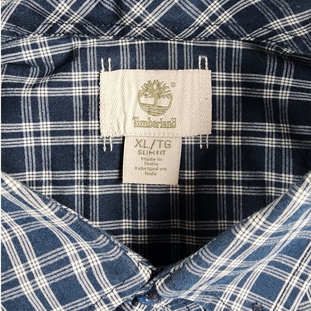 Timberland Mens XL Slim Fit Plaid Button Down Shirt Navy Blue White Long Sleeve - Picture 2 of 6